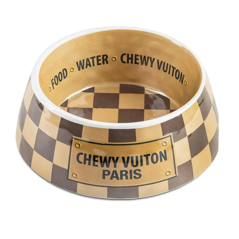 Set Chewy Vuiton Checker Hundenapf und Napfunterlage Gold