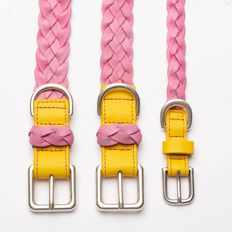 Sellerie Teckel Collier Cuir Tressé (rose&jaune)
