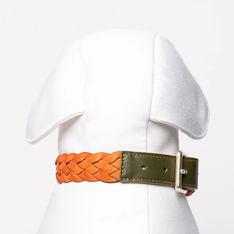 Sellerie Teckel Collier Cuir Tressé (orange&vert)