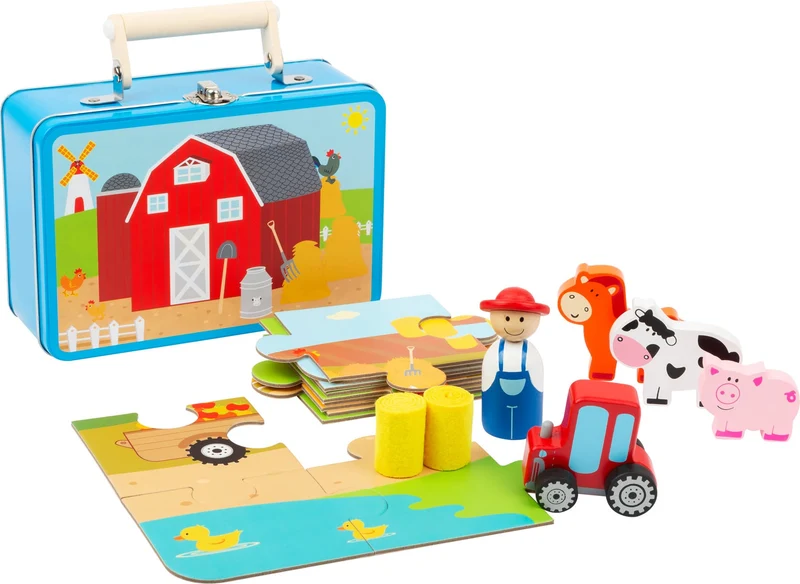 Spielset Bauernhof im Koffer mit Puzzle und Holzfiguren