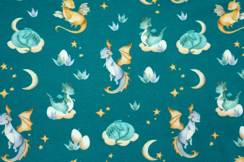 French Terry Cute Dragon - petrol