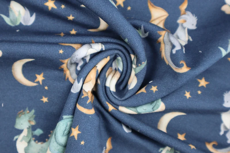 French Terry Cute Dragon - jeansblau
