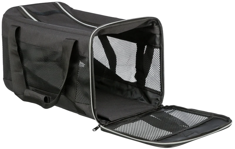 Schlichte Hunde- und Katzenstransporttasche in schwarz mit hellen Akzenten und Mesh-Einsätzen