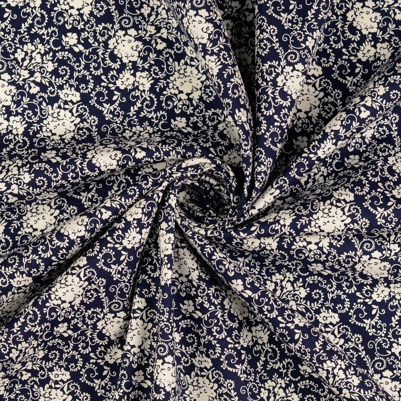 Baumwoll Popeline Blumen Ornamente - marine