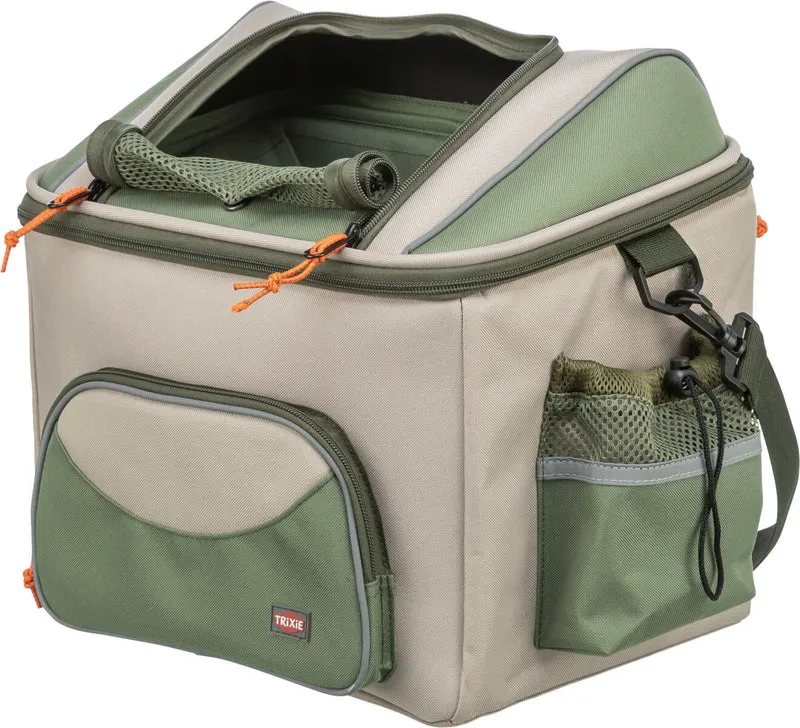 Hundefahrradkorb vorne mit Außentaschen und Schultergurt, beige/grün