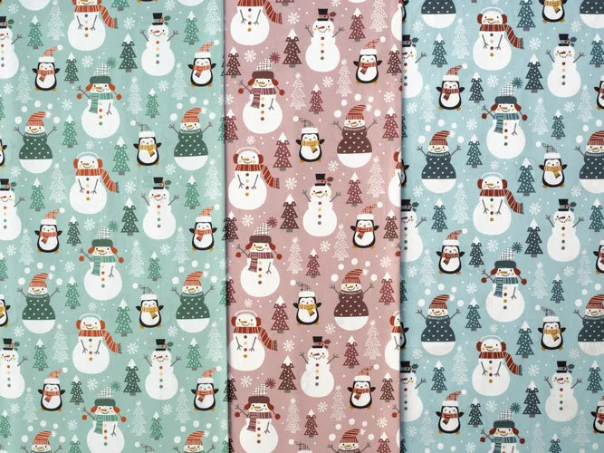 Baumwoll Webware Belle Pinguine und Schneemänner