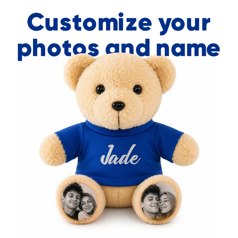 Personalisierter Teddybär mit individuellen Fotofüßen und Namens-T-Shirt – ein individuelles Plüschgeschenk für Paare, Kinder und geliebte Menschen