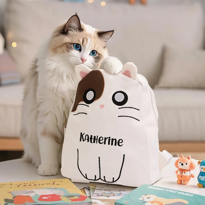Name Stickerei Rucksack Katze - Geschenk für Kinder