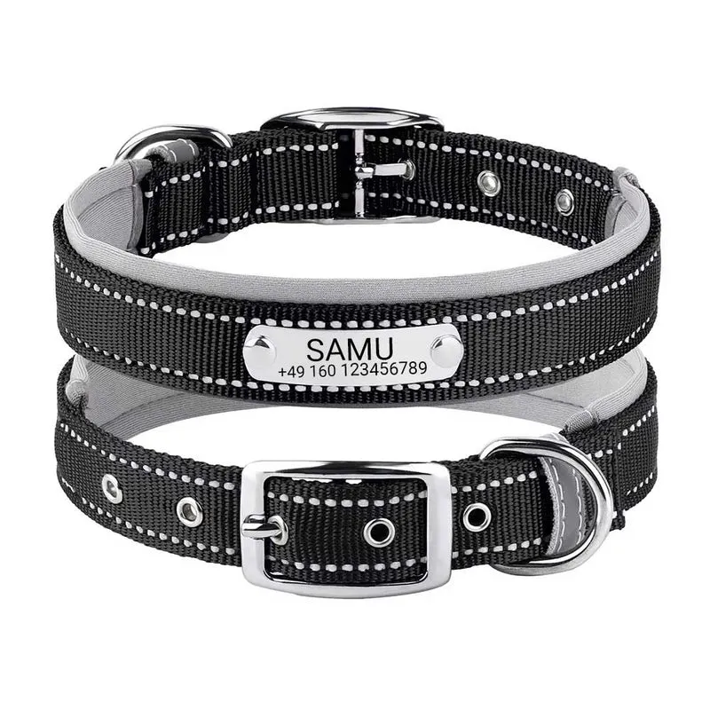 Graviertes Hundehalsband "Samu" mit Reflektor-Sicherheitsnähten. Personalisierung mit Name und Telefon