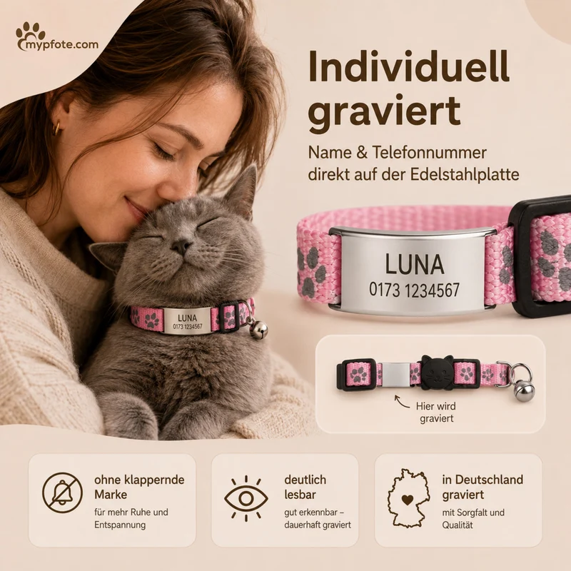 Katzenhalsband mit Name und Telefonnummer graviert