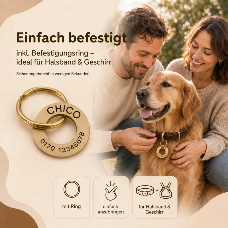 Ringförmige Hundemarke mit Gravur Messing gebürstet, 30mm