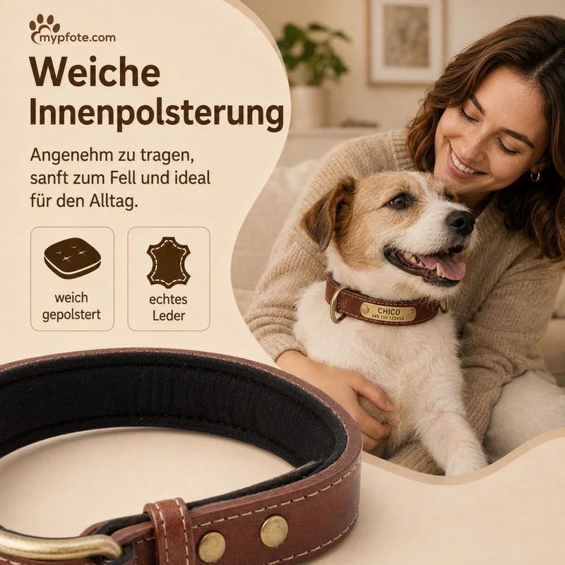 Hundehalsband mit Namen auf Messingschild aus hochwertigem Leder, Innenpolsterung aus Neopren, 2 massive D-Ringe