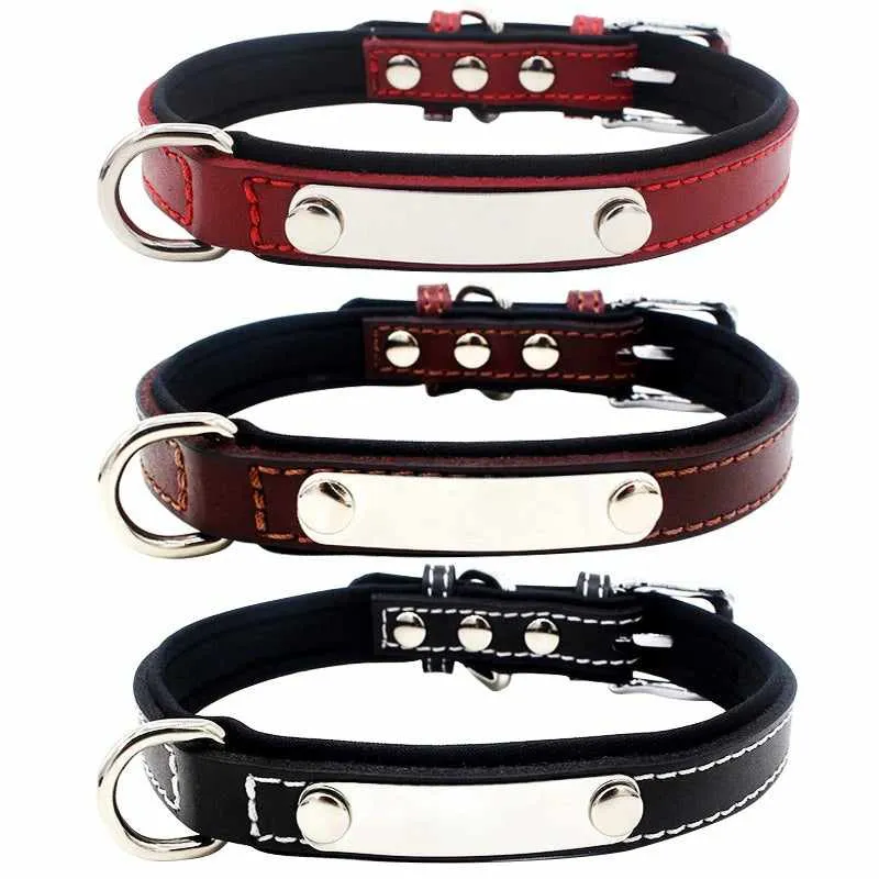 Hundehalsband mit Namen aus hochwertigem Leder, Innenpolsterung aus Neopren, 2 massive D-Ringe
