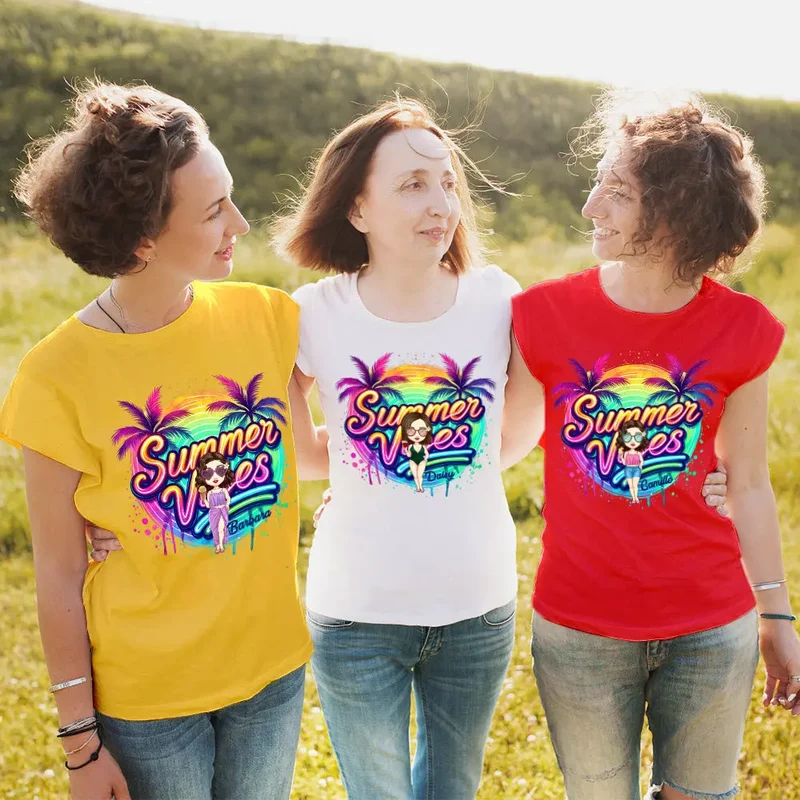 Personalisiert Cartoon Sommer Vibes T-Shirt mit Namen