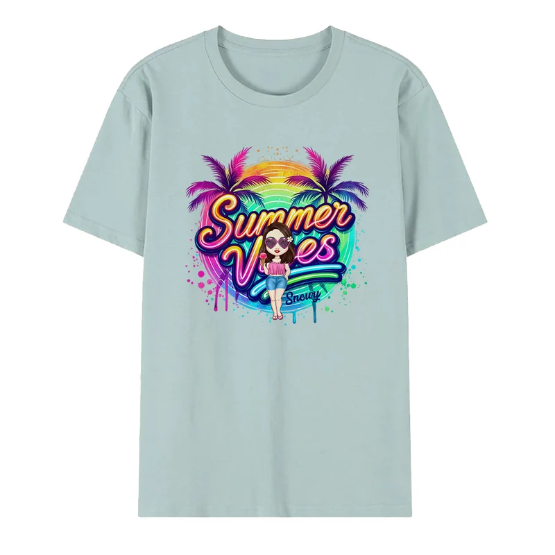 Personalisiert Cartoon Sommer Vibes T-Shirt mit Namen