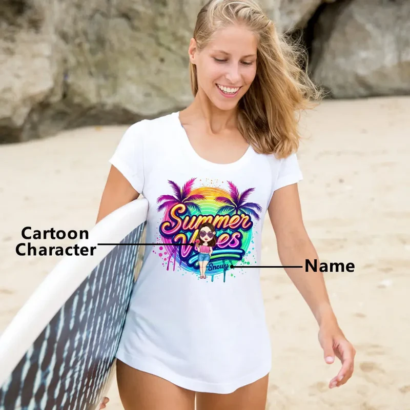 Personalisiert Cartoon Sommer Vibes T-Shirt mit Namen