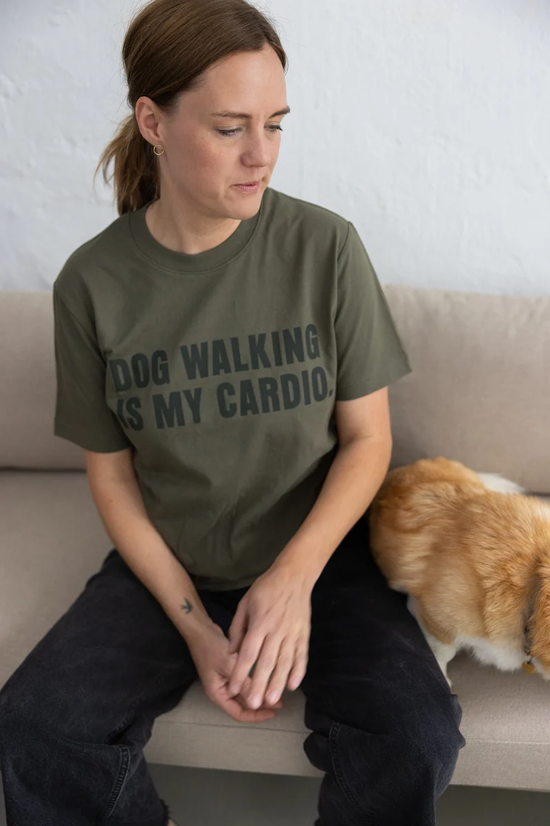 "DOG WALKING IS MY CARDIO" T-Shirt Khaki