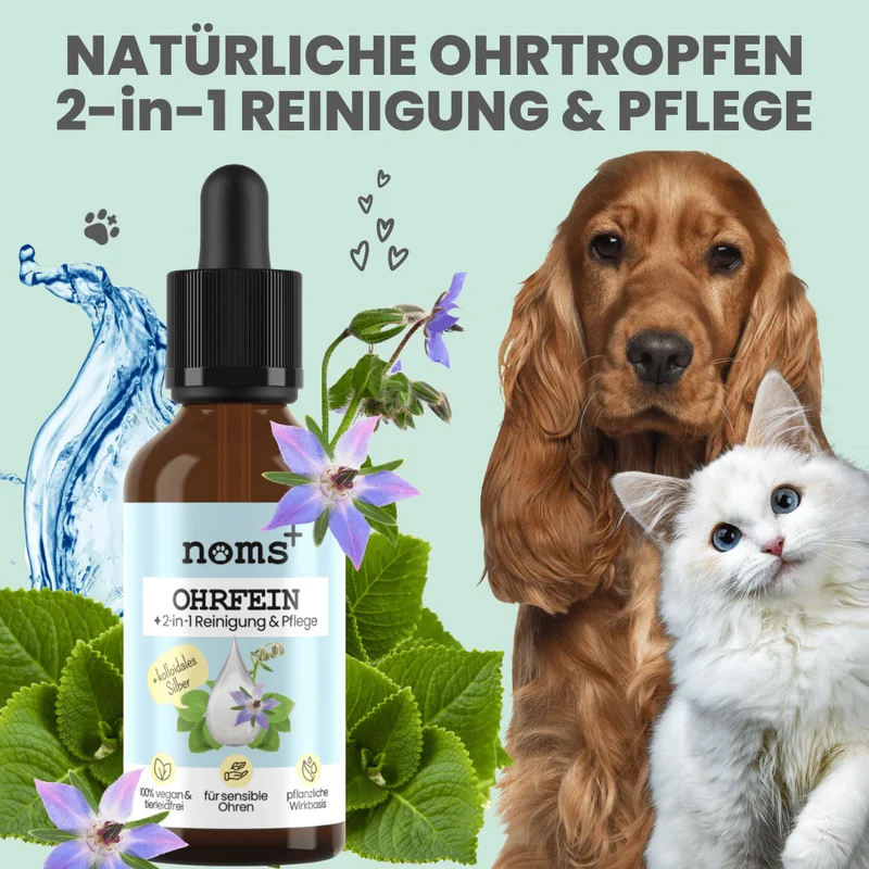 noms+ 2-in-1 Ohrfein Reinigung & Pflege für Hunde & Katzen mit kolloidalem Silber
