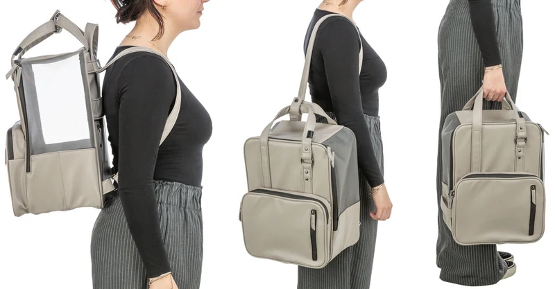Hellgrauer Hunderucksack CityStyle aus Kunstleder mit Außentaschen und feinmaschigem Mesh