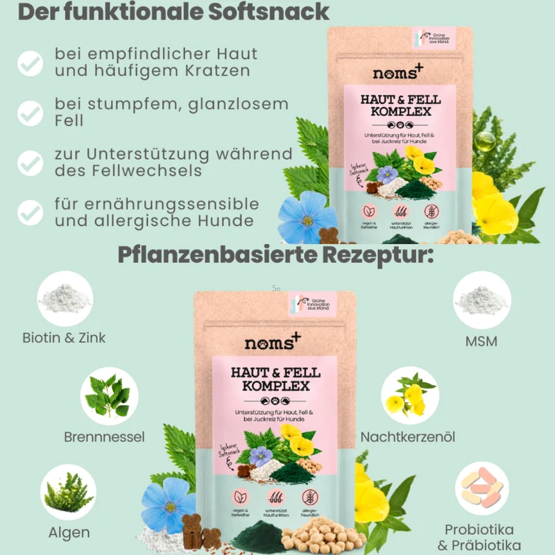 Noms+ Haut & Fell Komplex für Hunde | Unterstützt die Hautbarriere | Snacks mit Biotin, Zink & Nachtkerzenöl | Vegan & tierleidfrei | 200g
