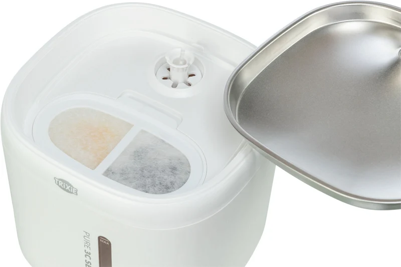 TRIXIE Aqua Pure Trinkbrunnen für Hunde & Katzen – Edelstahlschale, 2 L, Wasserstandsanzeige