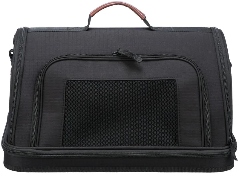 Schwarze Flugzeugtasche Gate für Hunde und Katzen, halbrund mit braunem Kunstleder und Trolley-Schlaufe