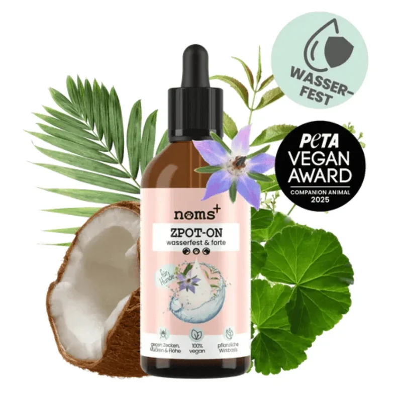 WASSERFEST Noms+ Zpot-on Tropfen für Hunde gegen Flöhe, Zecken, Milben & Mücken | 100% Chemiefrei | 100ml Jahresvorrat