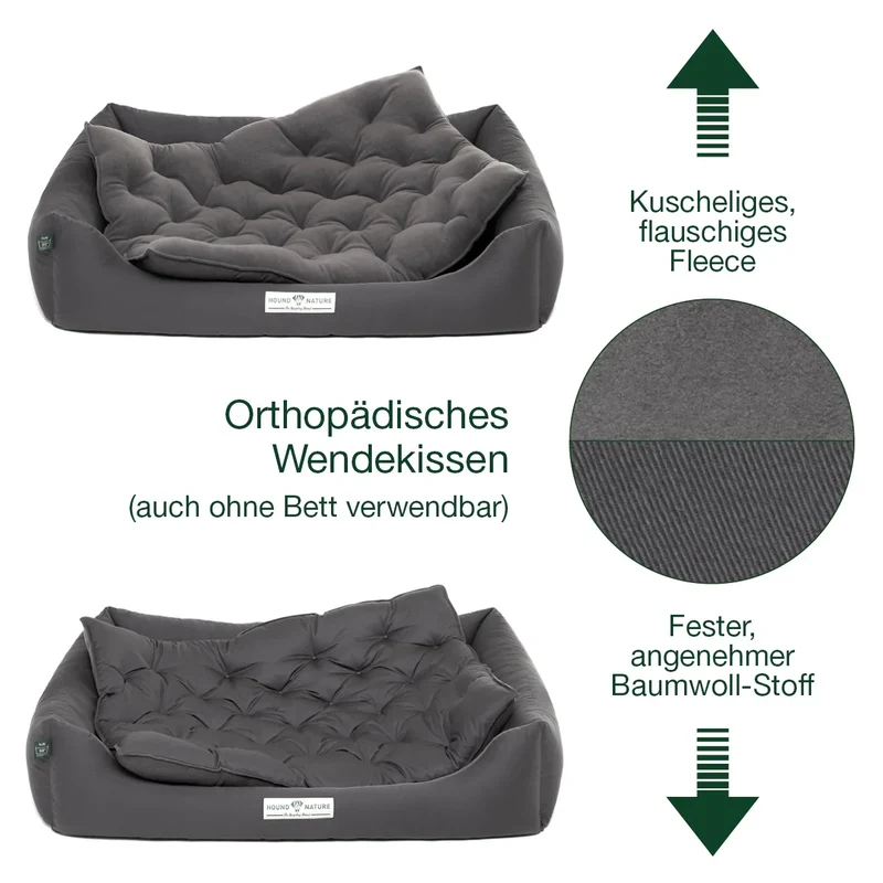 Orthopädisches Öko-Hundebett Zürich von HOUND&NATURE | Fleece-Seite | Recycelte Materialien | Oeko-Tex® Standard | Grau