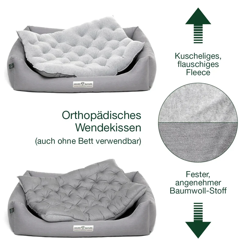 Orthopädisches Öko-Hundebett Zürich von HOUND&NATURE | Fleece-Seite | Recycelte Materialien | Oeko-Tex® Standard | Hellgrau