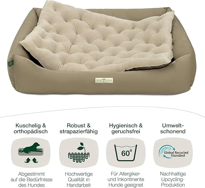 Orthopädisches Öko-Hundebett Zürich von HOUND&NATURE | Fleece-Seite | Recycelte Materialien | Oeko-Tex® Standard | Taupe