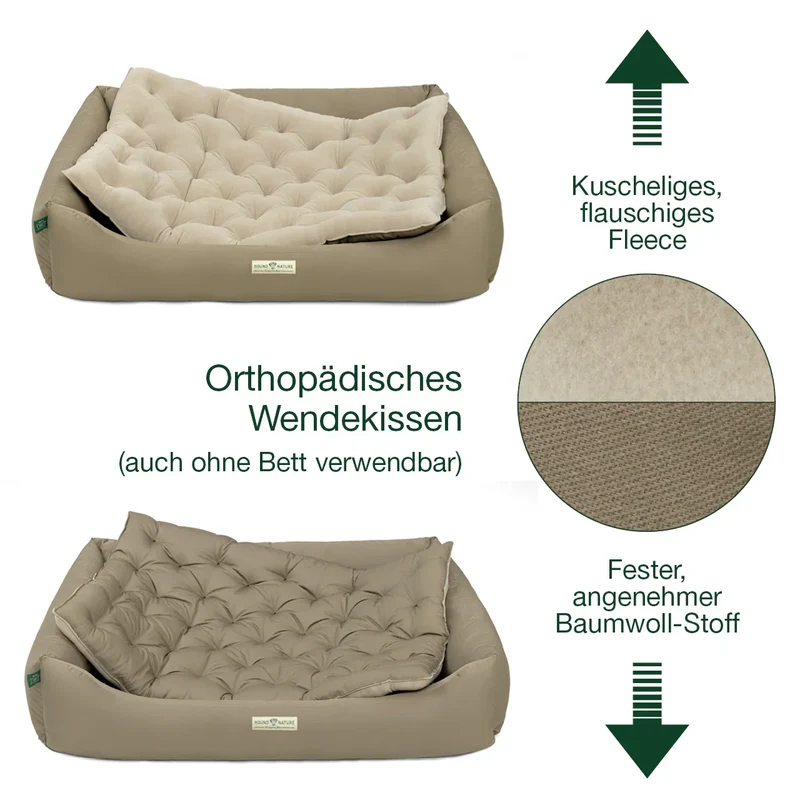 Orthopädisches Öko-Hundebett Zürich von HOUND&NATURE | Fleece-Seite | Recycelte Materialien | Oeko-Tex® Standard | Taupe