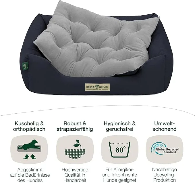 Orthopädisches Öko-Hundebett Zürich von HOUND&NATURE | Fleece-Seite | Recycelte Materialien | Oeko-Tex® Standard | Blau