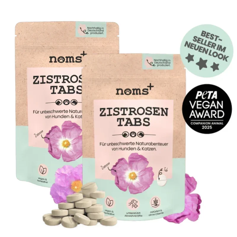 Noms+ Zistrosen Tabs - 100% natürliches Zistrosen-Leckerli für Wald- & Wiesenspaziergänge | Für Hund & Katze | 100% Chemiefrei | 150g