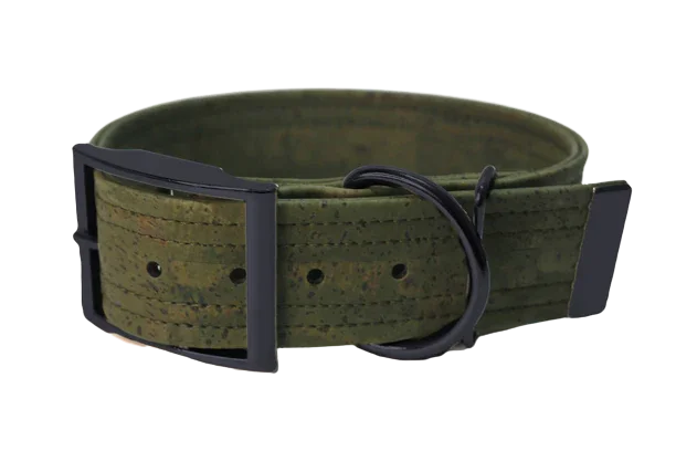 Hundehalsband mit Dornschnalle | Korkleder | Umweltfreundlich | Robust & Vegan | Olive/Schwarz