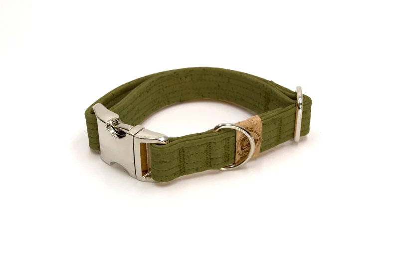 Hundehalsband mit Klickverschluss | Korkleder | Umweltfreundlich | Robust & Vegan | Olive/Silber