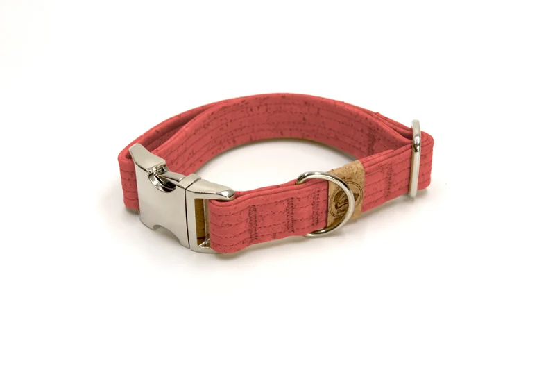 Hundehalsband mit Klickverschluss | Korkleder | Umweltfreundlich | Robust & Vegan | Coral/Silber