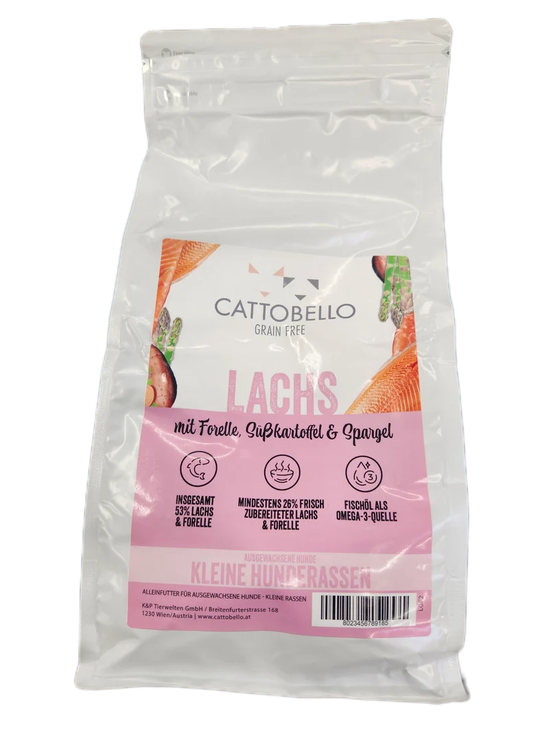 Cattobello Hund Adult Lachs mit Forelle, Süßkartoffel und Spargel Small Breed 2kg