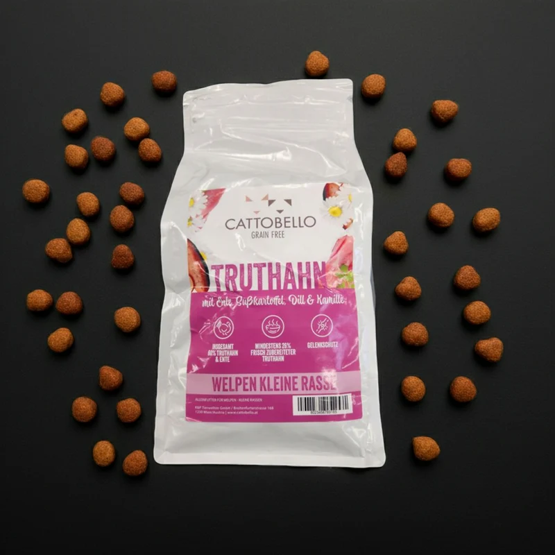 Cattobello Welpe Truthahn mit Ente, Süßkartoffel, Dill und Kamille Small Breed 2kg