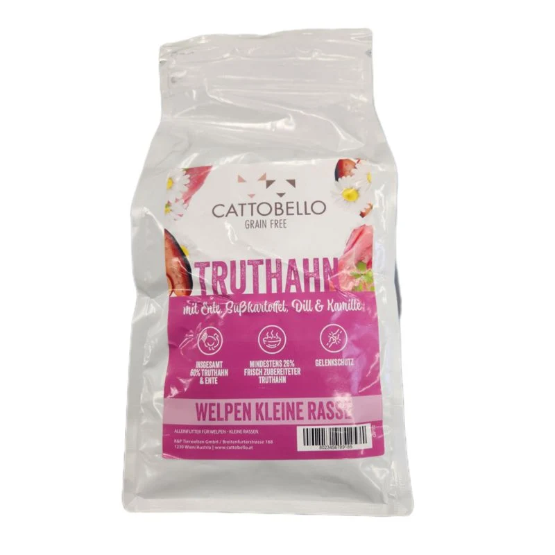 Cattobello Welpe Truthahn mit Ente, Süßkartoffel, Dill und Kamille Small Breed 2kg