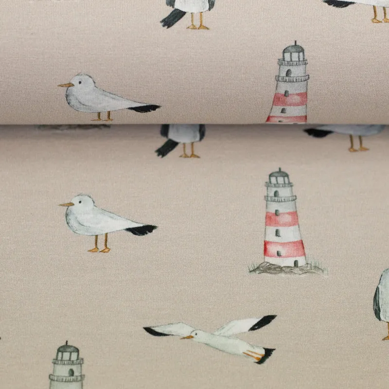 Baumwolljersey Beach Leuchtturm & Möwe by Christiane Zielinski